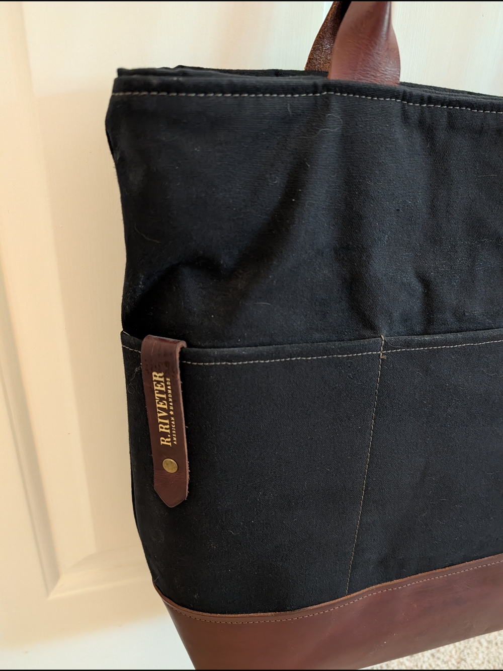 R. Riveter Black Canvas & Brown Leather Tote Bag